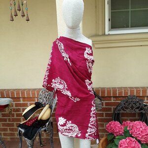 Sarong Wine & White Asian Dragons Fringe Cover-Up Never Worn handmade Indonesia